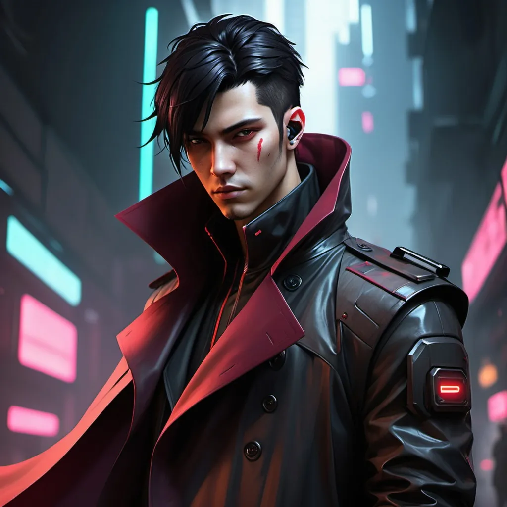 Prompt: Cyberpunk Male protagonist with black hair with crimson highlights wearing shoulder cape that has trench coat 
