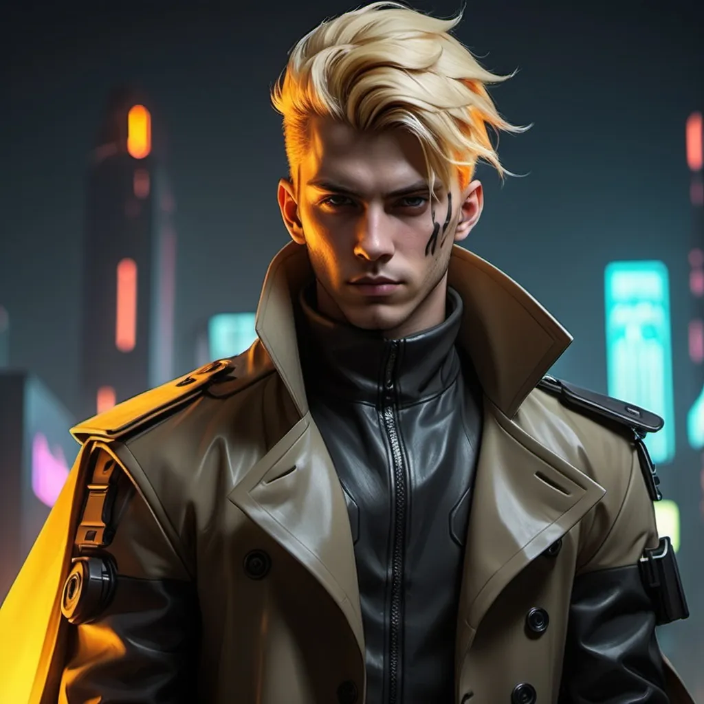 Prompt: Cyberpunk Male protagonist with blonde hair with fiery highlights wearing shoulder cape that has trench coat 