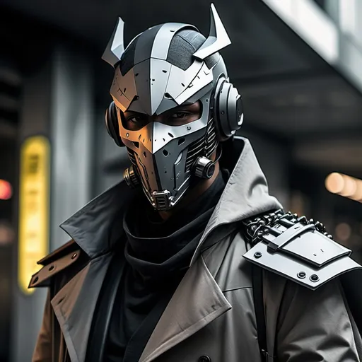 Prompt: Cyberpunk Knight with face mask helmet and shoulder cape that has trench coat 