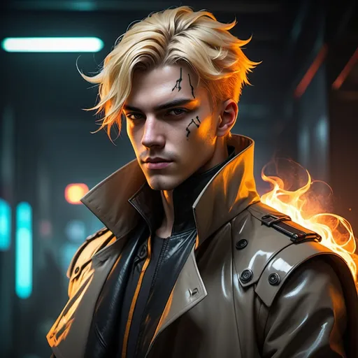 Prompt: Cyberpunk Male protagonist with blonde hair with fiery highlights wearing shoulder cape that has trench coat 