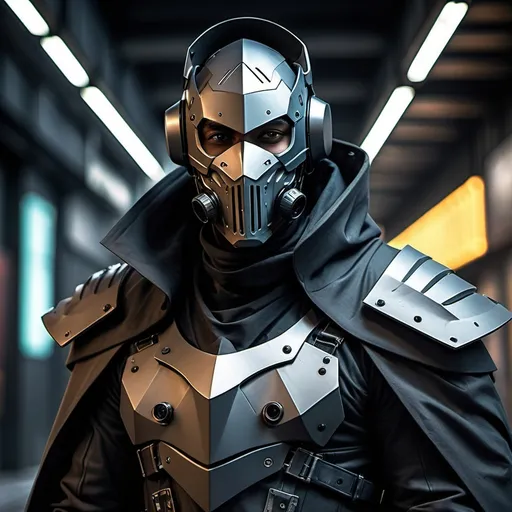 Prompt: Cyberpunk Knight with face mask helmet and shoulder cape that has trench coat 
