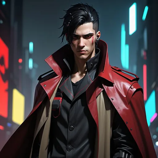 Prompt: Cyberpunk Male protagonist with black hair with crimson highlights wearing shoulder cape that has trench coat 