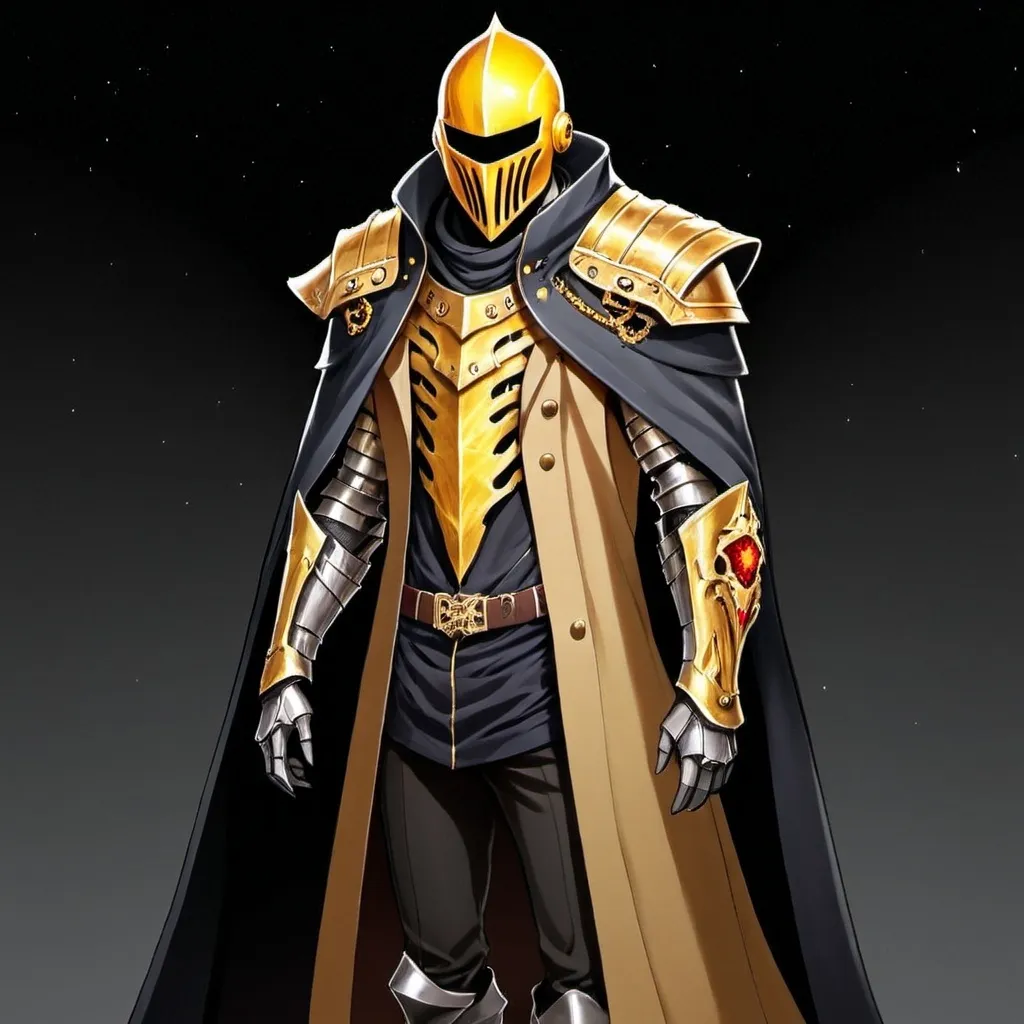 Prompt: Sci-fi Knight with face mask helmet and shoulder cape that has trench coat 