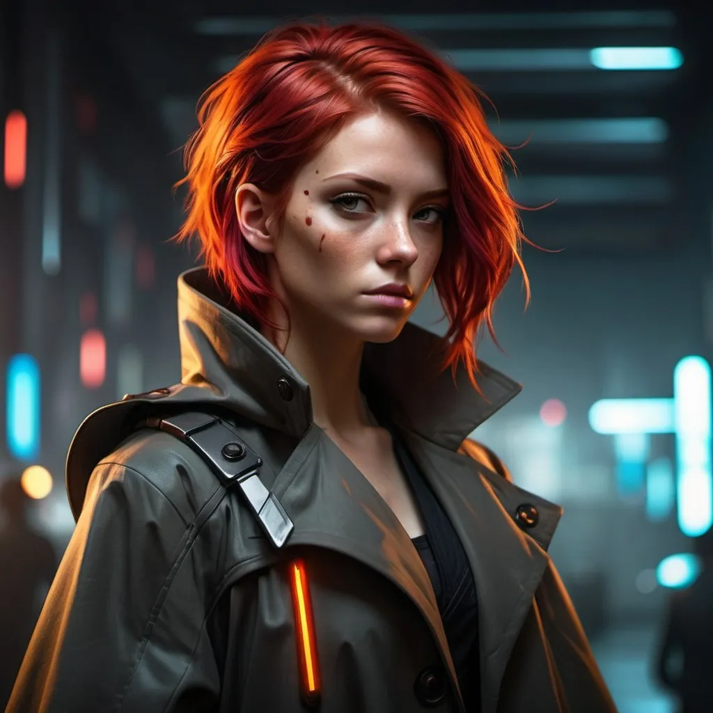 Prompt: Cyberpunk female protagonist with red hair with fiery highlights wearing shoulder cape that has trench coat 