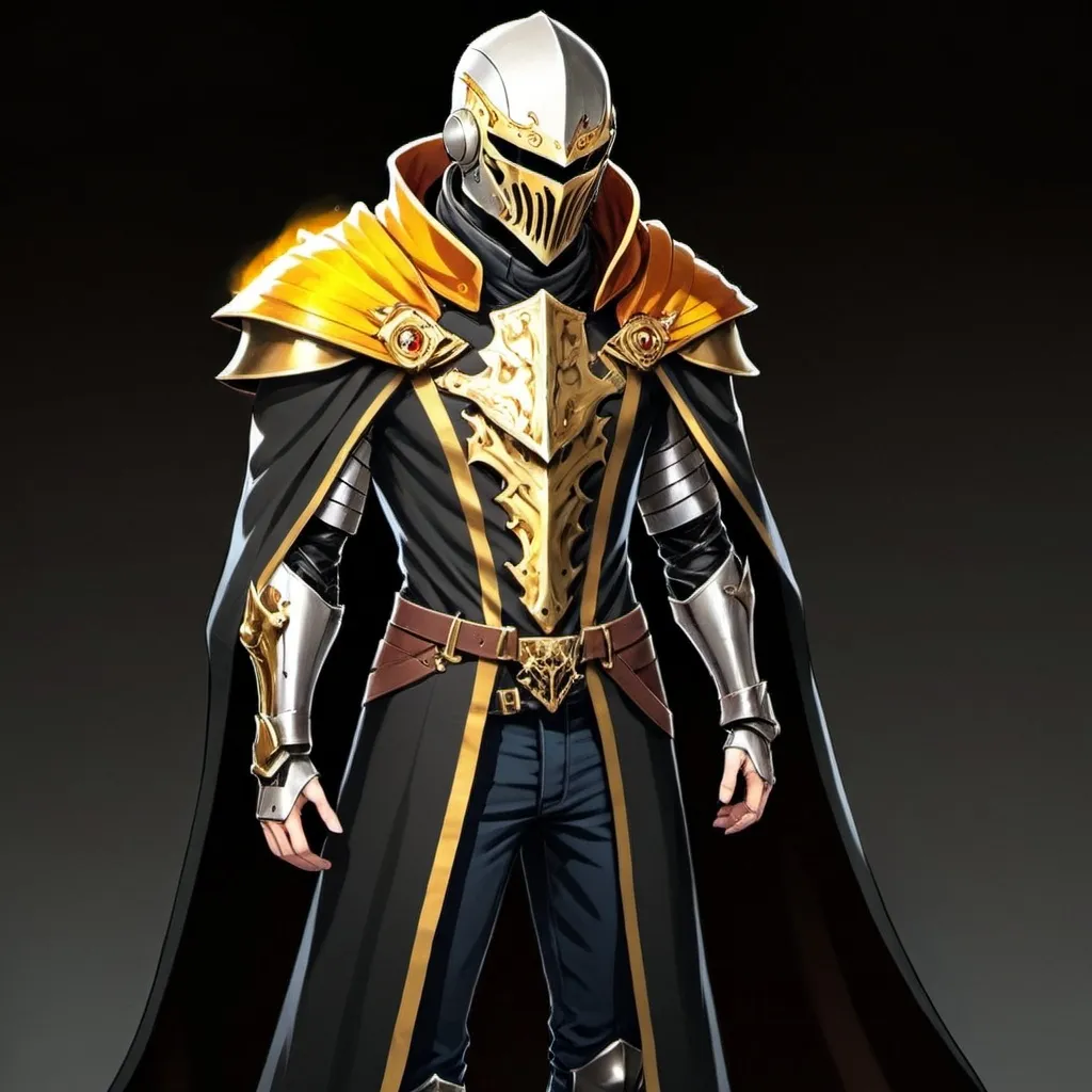 Prompt: Sci-fi Knight with face mask helmet and shoulder cape that has trench coat 