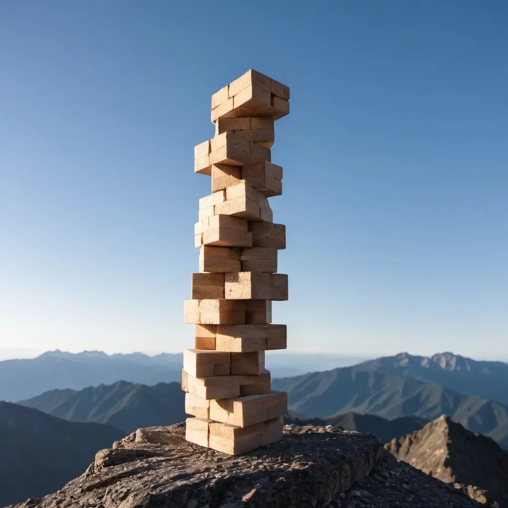 Prompt: a jenga tower balanced precariously sitting on top of a mountain peak