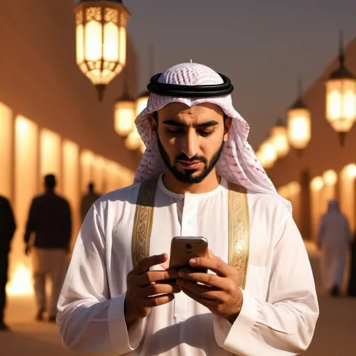 Prompt: 
Arab man watching iPhones, realistic lighting, warm tones