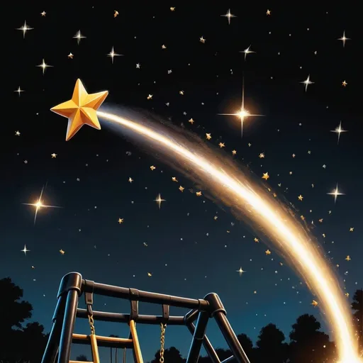 Prompt: Draw a picture of a shooting star flying across an all black shiny playground 