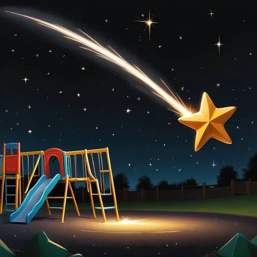 Prompt: Draw a picture of a shooting star flying across an all black shiny playground 