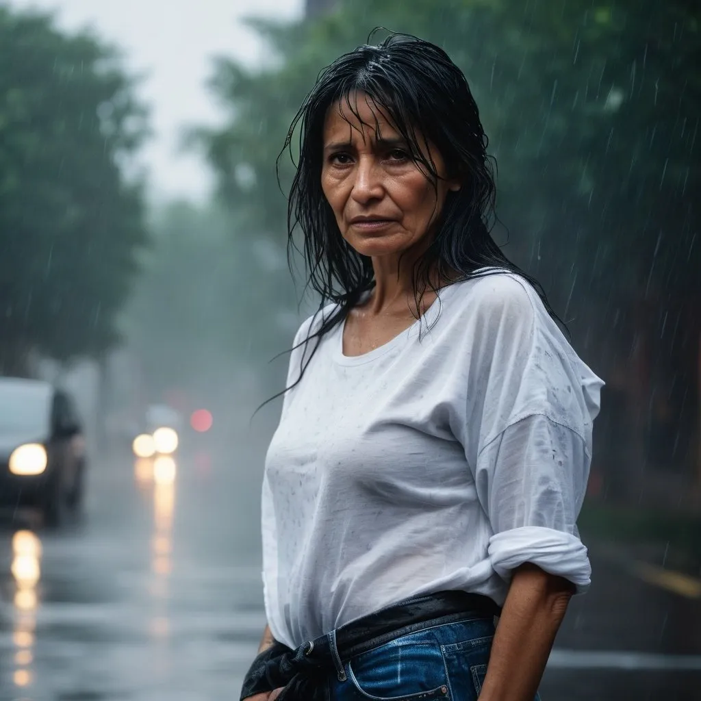 Prompt: old homeless woman, white t-shirt and blue jeans, detailed face, foggy, rain and windy, 50mm, F/2.8, photojournalism, busy background, volumetric lighting, neo-expressionism, art photography, with black long hair, standing in the heavy rain and her clothes and hair are wet.
Professional full body photography, bokeh, natural lighting, canon lens, shot on dslr 64 megapixels, sharp focus,   spectacular view, perfection,   beautiful alluring sloppy, wet white shirt, gorgeous art,  photoshoot, beautifully lit, dark atmosphere, alluring pose, scandalous pose, triadic colors, hyperrealistic, ethereal, delicate detail, polished, glorious, fabulous, excellent, astonishing colors, 8k resolution trending on Artstation Unreal Engine 5