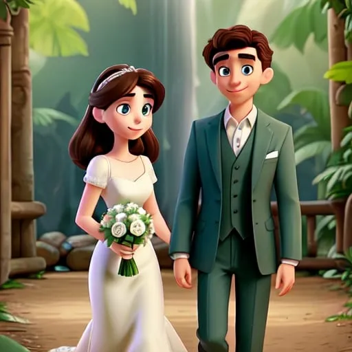 Prompt: A woman have dark black hair, brown eyes in a white wedding dress and a man in a dark green suit with brown hair in a zoo