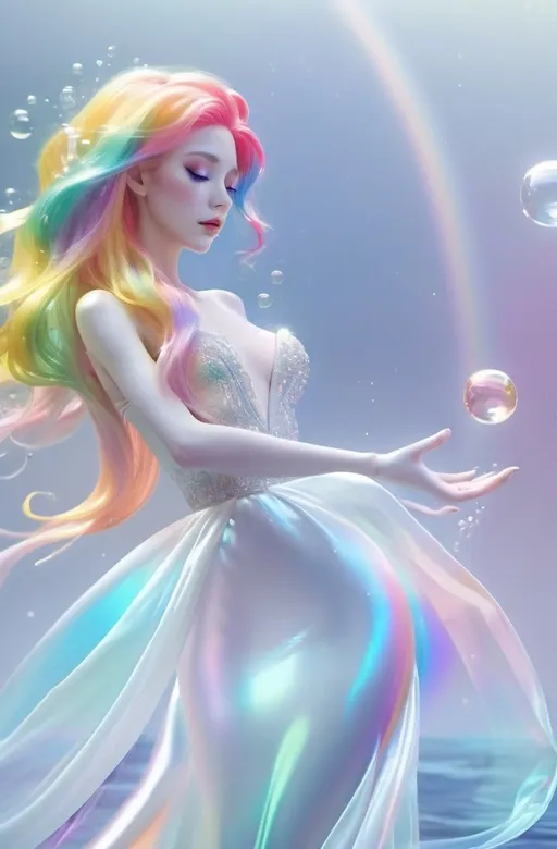 Prompt: Undersea darker background scene, a beauty with rainbow hair and closed eyes in white partially transparent silky mermaid like gown with pale color at the gown end, holding a shining glass ball