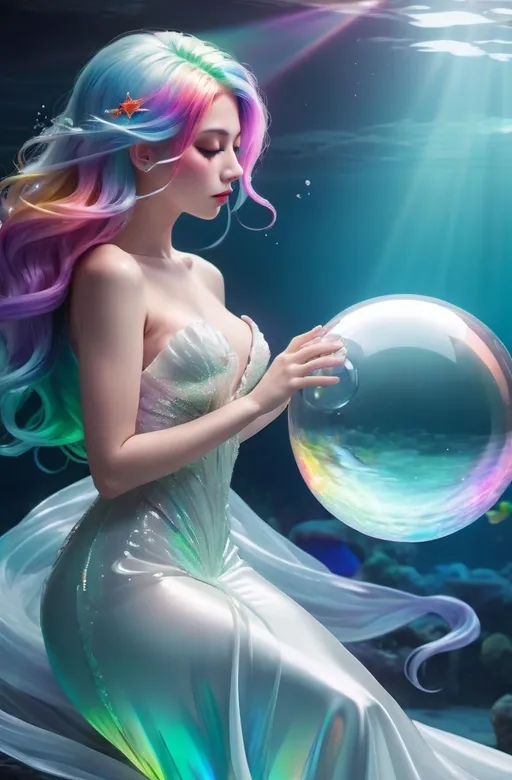 Prompt: Undersea darker background scene, a beauty with rainbow hair and closed eyes in white partially transparent silky mermaid like gown with pale color at the gown end, holding a shining glass ball