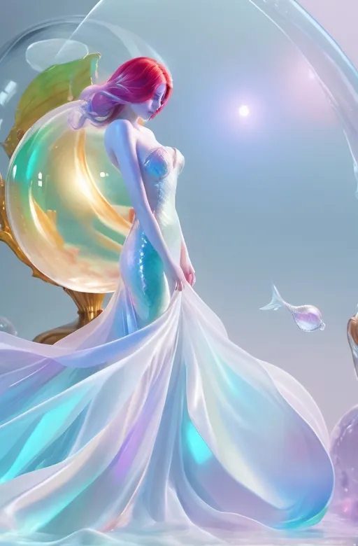 Prompt: Undersea darker background scene, a beauty with colorful hair and closed eyes in white partially transparent silky mermaid like gown with pale color at the gown end, holding a shining glass ball