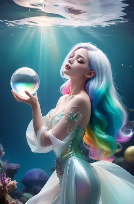 Prompt: Undersea darker background scene, a beauty with rainbow hair and closed eyes in white partially transparent silky mermaid like gown with pale color at the gown end, holding a shining glass ball