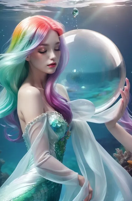 Prompt: Undersea darker background scene, a beauty with colorful hair and closed eyes in white partially transparent silky mermaid like gown with pale color at the gown end, holding a shining glass ball