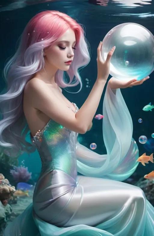 Prompt: Undersea darker background scene, a beauty with colorful hair and closed eyes in white partially transparent silky mermaid like gown with pale color at the gown end, holding a shining glass ball