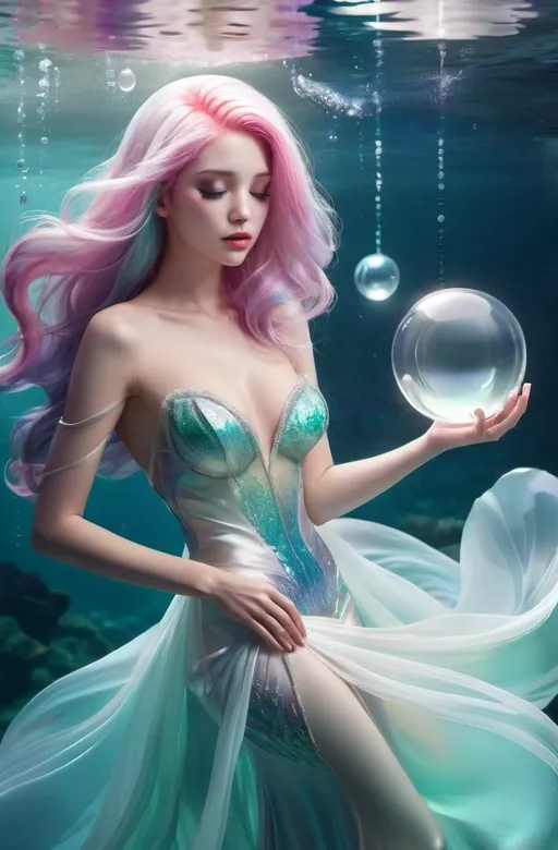 Prompt: Undersea darker background scene, a beauty with colorful hair and closed eyes in white partially transparent silky mermaid like gown with pale color at the gown end, holding a shining glass ball