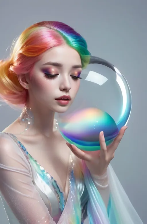 Prompt: Undersea darker background scene, a beauty with rainbow hair and closed eyes in white partially transparent silky mermaid like gown with pale color at the gown end, holding a shining glass ball