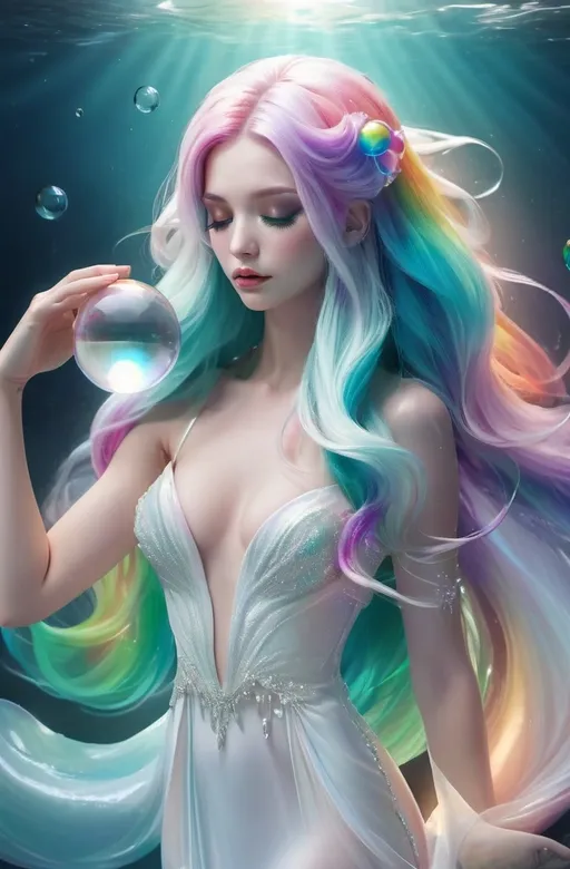 Prompt: Undersea darker background scene, a beauty with rainbow hair and closed eyes in white partially transparent silky mermaid like gown with pale color at the gown end, holding a shining glass ball