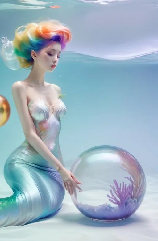 Prompt: Underwater scene, a beauty with colorful hair and closed eyes in white partially transparent silky mermaid like gown with pale color at the gown end, holding a shining glass ball