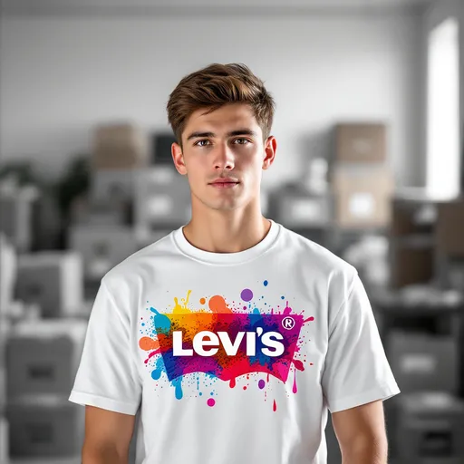 Prompt: Standing confidently in a bright, minimalistic indoor setting, a young man captures a self-portrait with his smartphone, showcasing a playful sense of style. He wears a white t-shirt adorned with a colorful Levi Strauss design that features a vibrant splash of hues, contrasting sharply against the muted, monochrome background filled with indistinct boxes and furniture. His short hair is neatly styled, and he gazes thoughtfully at the camera, conveying a blend of contemplation and casual confidence. The ambient lighting highlights his features while the blurred elements in the background create a sense of depth, drawing attention to his relaxed demeanor and the lively graphic on his shirt. The overall mood of the image blends youthful energy with an intimate snapshot of a moment in time.