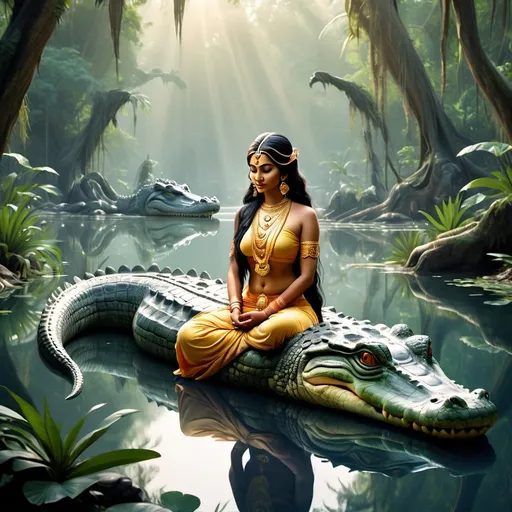 Prompt: Feroushiously flowing river, Indian goddess meditating on a peaceful crocodile, highres, detailed, serene, classical art style, cool tones, soft lighting, tranquil atmosphere, detailed reflection, professional, serene, peaceful, goddess, marble mountains, flowing river, crocodile, exotic jungle, detailed reflection, classical art style, distant background jungle, serene atmosphere