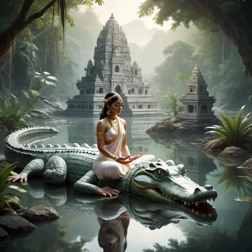 Prompt: Flowing river with marble mountains, Indian goddess meditating on a crocodile, distant exotic jungle, highres, detailed, serene, classical art style, cool tones, soft lighting, tranquil atmosphere, detailed reflection, professional, serene, peaceful, goddess, marble mountains, flowing river, crocodile, exotic jungle, detailed reflection, classical art style, distant background jungle, serene atmosphere