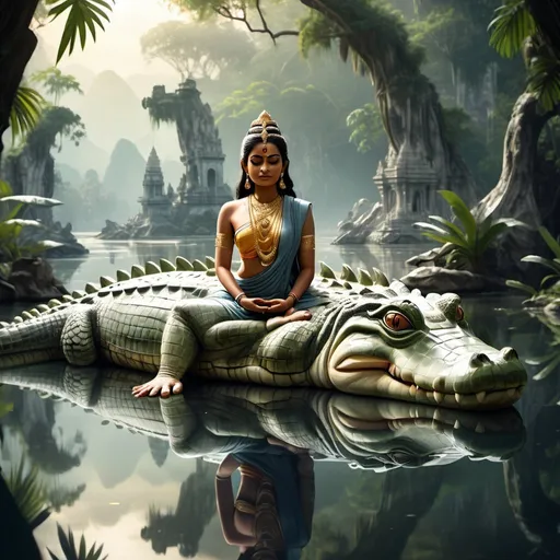 Prompt: Flowing river with marble mountains, Indian goddess meditating on a peaceful crocodile, highres, detailed, serene, classical art style, cool tones, soft lighting, tranquil atmosphere, detailed reflection, professional, serene, peaceful, goddess, marble mountains, flowing river, crocodile, exotic jungle, detailed reflection, classical art style, distant background jungle, serene atmosphere