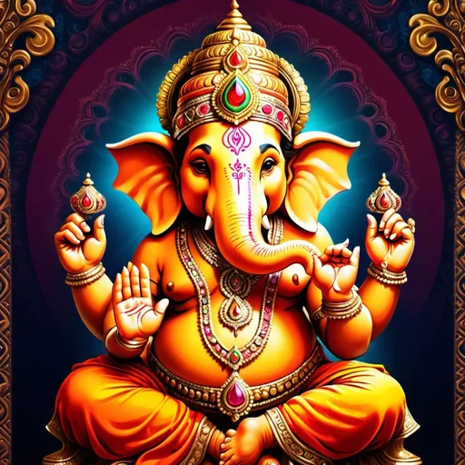 Prompt: Lord Ganesh blessing, digital art, detailed ornaments, vibrant colors, divine aura, high quality, digital painting, ornate headdress, intricate jewelry, serene expression, traditional attire, glowing aura, majestic, divine blessing, vibrant colors, detailed, ornate, high quality, digital art, traditional, serene lighting