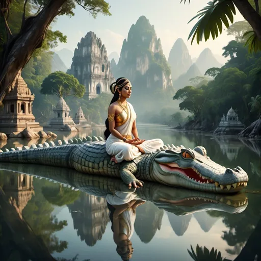 Prompt: Flowing river with marble mountains, Indian goddess meditating on a peaceful crocodile, highres, detailed, serene, classical art style, cool tones, soft lighting, tranquil atmosphere, detailed reflection, professional, serene, peaceful, goddess, marble mountains, flowing river, crocodile, exotic jungle, detailed reflection, classical art style, distant background jungle, serene atmosphere