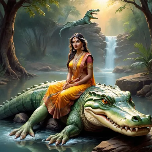 Prompt: Indian Goddess sitting on crocodile above flowing river, traditional painting, mystical atmosphere, high quality, detailed, vibrant colors, realistic, traditional art, serene lighting, flowing river, detailed crocodile, goddess with serene expression, ethereal, magical, goddess with flowing robes, ancient, natural, goddess with intricate jewelry, goddess with glowing aura, tranquil setting