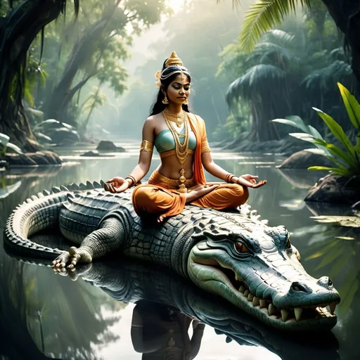 Prompt: ferociously flowing river, Indian goddess meditating on a peaceful crocodile, highres, detailed, serene, classical art style, cool tones, soft lighting, tranquil atmosphere, detailed reflection, professional, serene, peaceful, goddess, marble mountains, flowing river, crocodile, detailed reflection, classical art style, distant background jungle, serene atmosphere