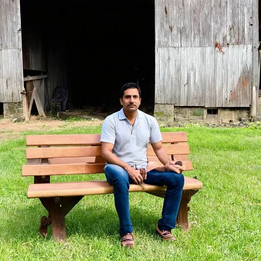 Prompt: a man sitting on a wooden bench in a yard with a barn in the background and a wooden bench in the foreground, Bikash Bhattacharjee, samikshavad, jayison devadas, a picture