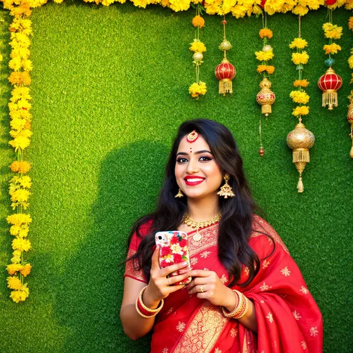 Prompt: Draped in a vibrant red saree adorned with intricate patterns, a woman stands confidently against a lush green backdrop embellished with yellow flowers and decorative hanging ornaments. Her expression is bright, complemented by bold red lips and a traditional decorative bindi on her forehead, exuding a sense of joy and cultural pride. She holds a smartphone decorated with a floral case, revealing a modern touch to her ensemble. The scene captures the essence of a festive occasion, showcasing a blend of tradition and contemporary style, highlighted by the festive decorations around her. The warm sunlight casts a gentle glow, enhancing the rich colors and creating an inviting atmosphere.