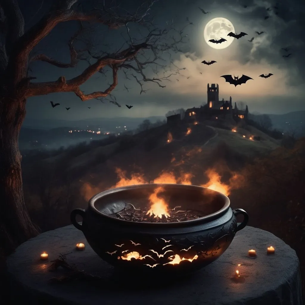 Prompt: Witch ceremony on a hill at night, realistic, dark atmosphere, flickering fire, swirling bats, mystical bowl, detailed night sky, eerie and authentic, high quality, realistic, dark, detailed, atmospheric, witchcraft, mysterious, moonlit, chilling, bats flying, ceremonial fire, mystical bowl, haunting atmosphere