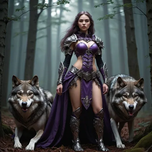 Prompt: full body goodess with wolves guarding her in the woods, violett skin, dark armor,  nature details, illuminated