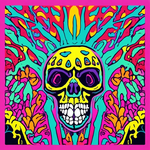 Prompt: <mymodel>Psychedelic print skull, vibrant jungle setting, melting effect, concert poster style, high-contrast colors, trippy visual illusion, detailed and intricate, best quality, vibrant, psychedelic, high-contrast, jungle, melting effect, concert poster, detailed design, trippy, intricate details, professional, colorful lighting
