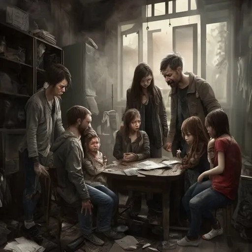 Prompt: Unhappy family discovering landlord scam, realistic digital painting, distressed expressions, detailed clothing, indoor setting, natural lighting, high quality, realistic, distressed family, scam discovery, detailed clothing, indoor scene, natural lighting