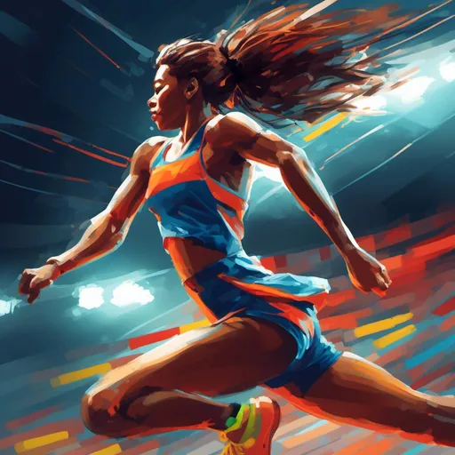 Prompt: <mymodel>Professional athlete sprinting on a track, dynamic and energetic pose, athletic wear with vivid colors, high-speed motion blur, stadium lights casting dramatic shadows, intense focus, high-quality digital illustration, vibrant and dynamic, athletic, motion blur, vivid colors, dynamic pose, athletic wear, stadium lights, dramatic shadows
