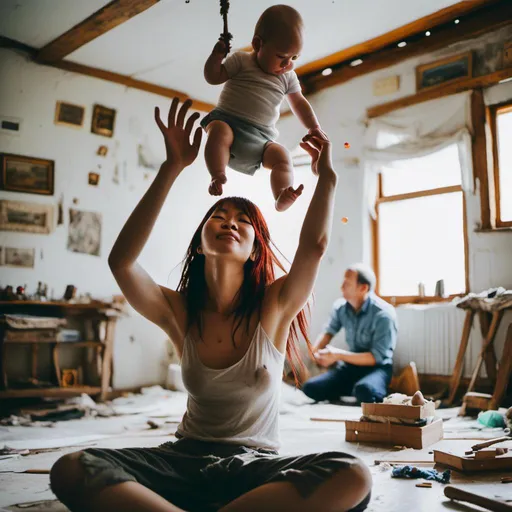 Prompt: <mymodel>mother holding baby above head while juggling ,clean environment, helping father