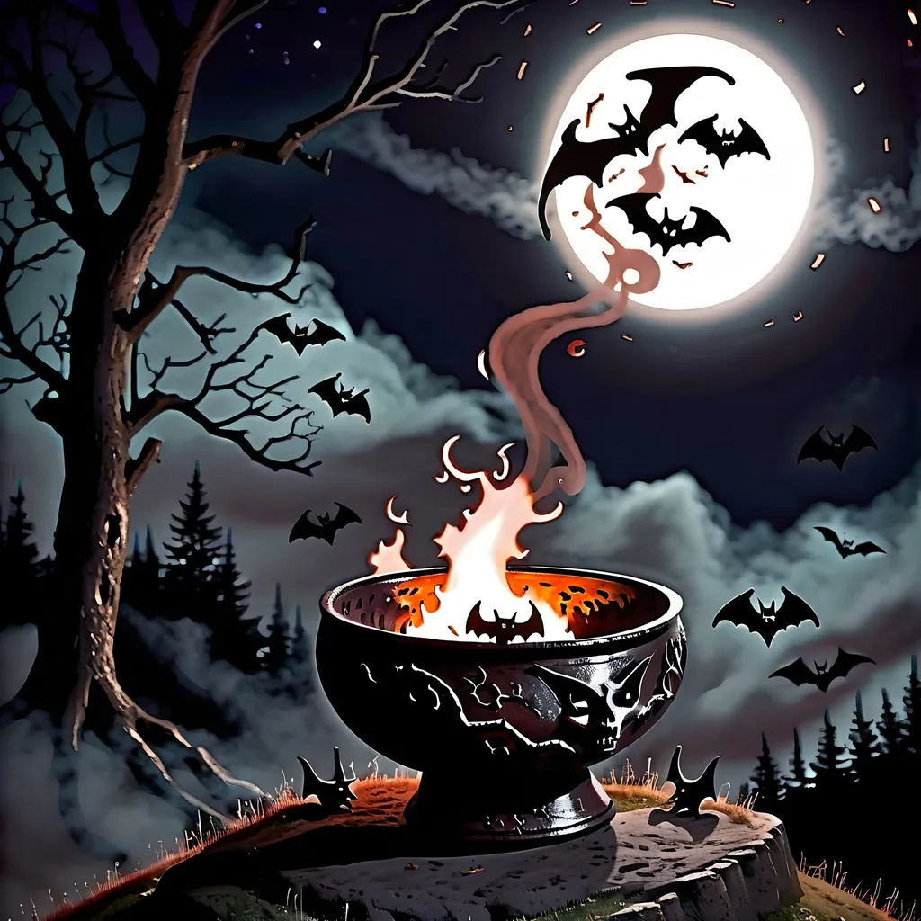 Prompt: Witch ceremony on a hill at night, realistic, dark atmosphere, flickering fire, swirling bats, mystical bowl, detailed night sky, eerie and authentic, high quality, realistic, dark, detailed, atmospheric, witchcraft, mysterious, moonlit, chilling, bats flying, ceremonial fire, mystical bowl, haunting atmosphere