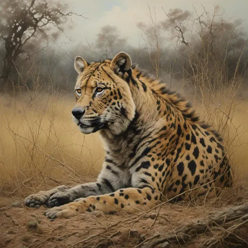 Prompt: <mymodel>Tiger patiently waiting in the savannah, keenly observed by hyena, realistic oil painting, dry grass and warm earth tones, intense focus, high definition, detailed fur, wildlife art, natural lighting