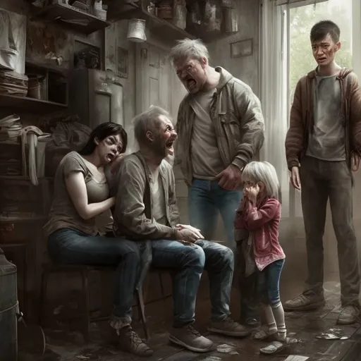 Prompt: Unhappy family discovering landlord scam, realistic digital painting, distressed expressions, detailed clothing, indoor setting, natural lighting, high quality, realistic, distressed family, scam discovery, detailed clothing, indoor scene, natural lighting