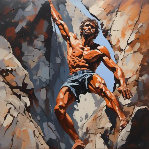 Prompt: <mymodel>Realistic painting of a triumphant rock climber, rugged and weathered skin, determined expression, dynamic and powerful pose, natural light casting dramatic shadows, high-quality, realistic style, detailed muscles, rocky terrain, triumphant, heroic, intense lighting, earthy tones, professional, realistic painting