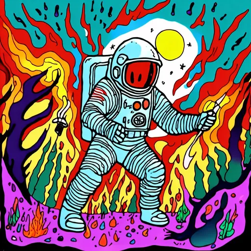 Prompt: Astronaut battling fire-fighting aliens in an outer spac<mymodel>e forest, realistic 3D rendering, intense action scene, vibrant and explosive color palette, high quality, ultra-detailed, sci-fi, action-packed, outer space forest, battling aliens, astronaut, intense action, vibrant colors, 3D rendering, high quality, realistic, explosive, dynamic lighting