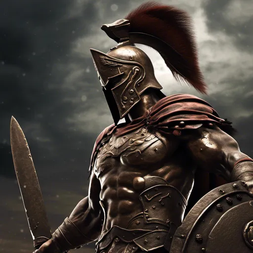 Prompt: <mymodel>Detailed 3D rendering of a Spartan warrior, bronze armor and shield, muscular physique, intense and fierce expression, high-definition, hyper-realistic, epic, dramatic lighting, gritty and raw, ancient, historical, bronze tones, powerful stance, battle-worn shield, heroic, formidable presence