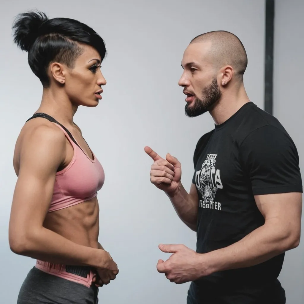 Prompt: mma fighter in discussion with his trans partner