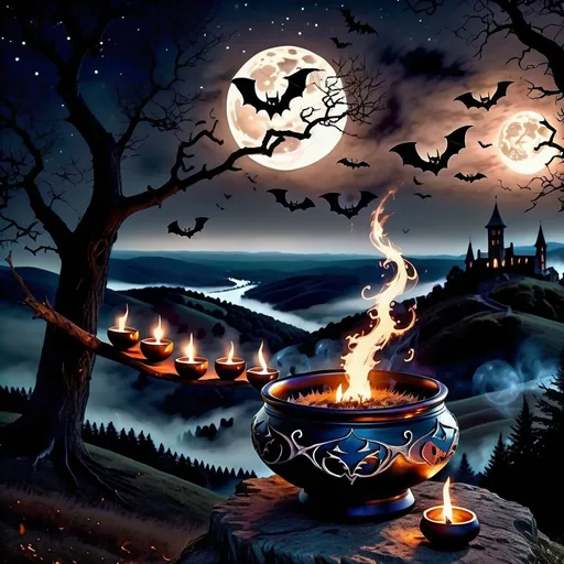Prompt: Witch ceremony on a hill at night, realistic, dark atmosphere, flickering fire, swirling bats, mystical bowl, detailed night sky, eerie and authentic, high quality, realistic, dark, detailed, atmospheric, witchcraft, mysterious, moonlit, chilling, bats flying, ceremonial fire, mystical bowl, haunting atmosphere