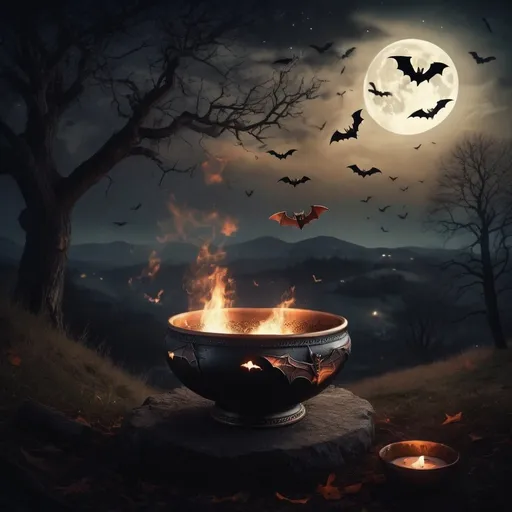 Prompt: Witch ceremony on a hill at night, realistic, dark atmosphere, flickering fire, swirling bats, mystical bowl, detailed night sky, eerie and authentic, high quality, realistic, dark, detailed, atmospheric, witchcraft, mysterious, moonlit, chilling, bats flying, ceremonial fire, mystical bowl, haunting atmosphere